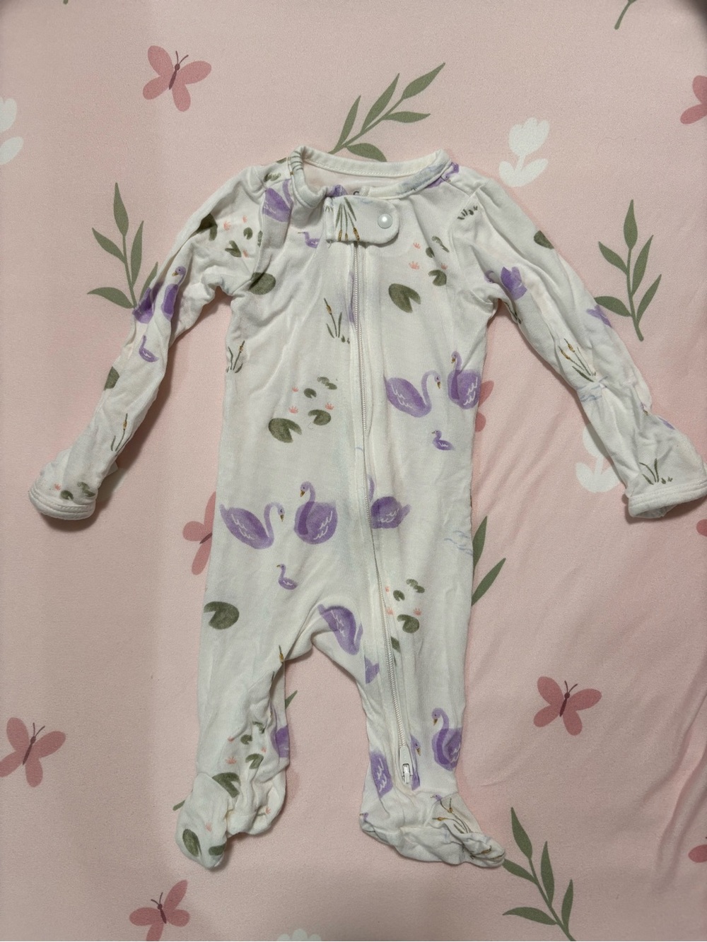 Carter's White Footed One-Piece with Purple Swan Print